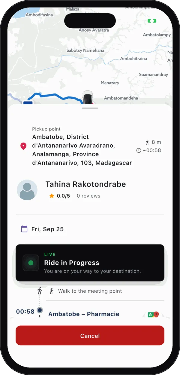 Application Zigra côté passager : trajet en cours, point de rendez-vous et conducteur